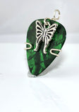 Green Guitar Pick Pendant with a silver butterfly charm - Your choice of necklace or keychain