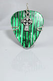 Green Guitar Pick Pendant with a silver Celtic gothic Cross charm - Your choice of necklace or keychain