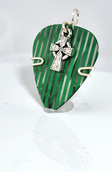 Green Guitar Pick Pendant with a silver Celtic gothic Cross charm - Your choice of necklace or keychain