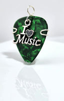 Green Guitar Pick Pendant with a I love music charm - Your choice of necklace or keychain