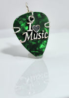 Green Guitar Pick Pendant with a I love music charm - Your choice of necklace or keychain