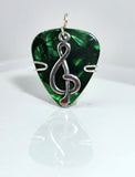 Green Guitar Pick Pendant with a silver treble clef charm - Your choice of necklace or keychain