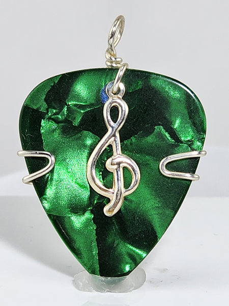 Green Guitar Pick Pendant with a silver treble clef charm - Your choice of necklace or keychain