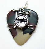 Guitar Pick Jewelry - Camouflage Guitar Pick with a Drum Set Charm