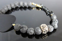 Guitar Pick Bracelet - Black Pick with Black Lava Rocks with silver hibiscus accent bead