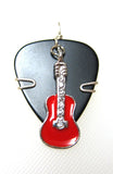 Black guitar pick pendant with red enamel guitar charm