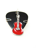 Black guitar pick pendant with red enamel guitar charm