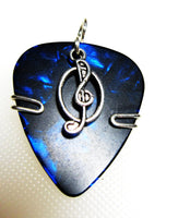 Guitar Pick Pendant with a blue guitar pick and silver treble clef charm