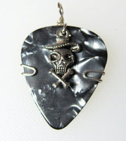 Guitar Pick Pendant - Charcoal pick with a Cowboy Skull and Cross Bones Charm