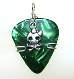 Guitar Pick Jewelry with a Green pick and silver skull with bow / Girly Skull / Music for Girls / Gifts for Girls /  Girls Love Skulls Too