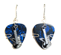 Blue Guitar Pick Earrings with black guitar charms