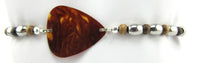 Beaded Guitar Pick Bracelet - Beaded with 5mm Olive Wood and Stainless Steel Beads with a faux Tortoise Shell Guitar Pick