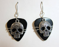 Black Guitar Pick Earrings with metal skulls / Classic Skull Jewelry / Music Festival Earrings / Guitar Pick Jewelry / Black and silver
