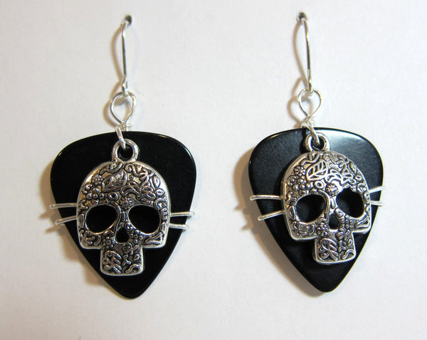 Black Guitar Pick Earrings with metal skulls / Classic Skull