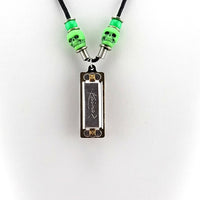 Harmonica Necklace - Silver Harmonica with Green Skull and Pony Beads
