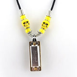 Harmonica Necklace with skulls - Silver Harmonica with Yellow Skull beads and Yellow Pony Beads