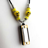 Harmonica Necklace with skulls - Silver Harmonica with Yellow Skull beads and Yellow Pony Beads