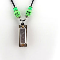 Harmonica Necklace - Silver Harmonica with Green Skull and Pony Beads