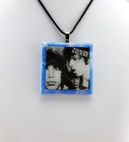The Rolling Stones Black and Blue Album Sleeve Necklace.  Recycled Vinyl Record Advertisement insert created into wearable art history.