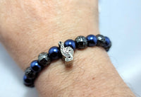 Treble Clef Stretch Bracelet with Gun Metal and Blue Pearl  Beads Music lovers gift.  Unisex Jewelry