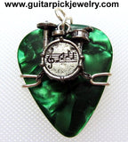 Guitar Pick Pendant - green pick with drumset charm