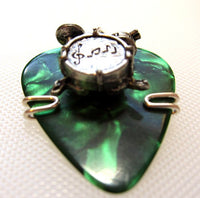 Guitar Pick Pendant - green pick with drumset charm
