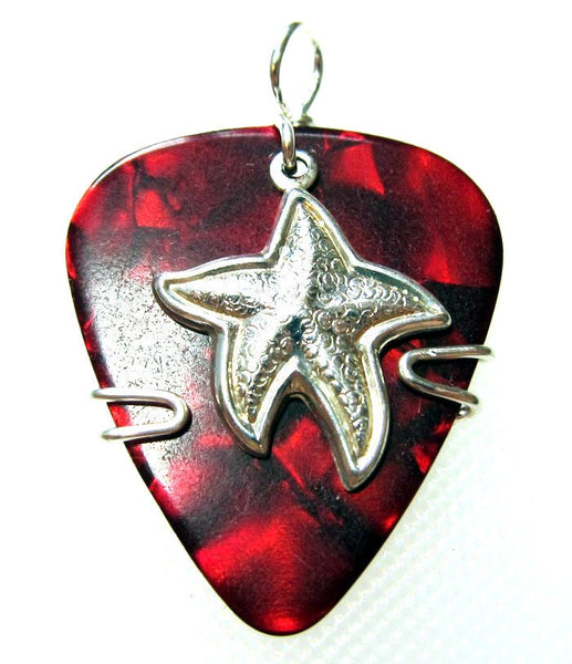 Red Pick with Silver Starfish - Guitar Pick Jewelry