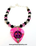Guitar Pick Bracelet - Pink Peace sign with Crystals
