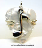 Classy white guitar pick with silver music note charm