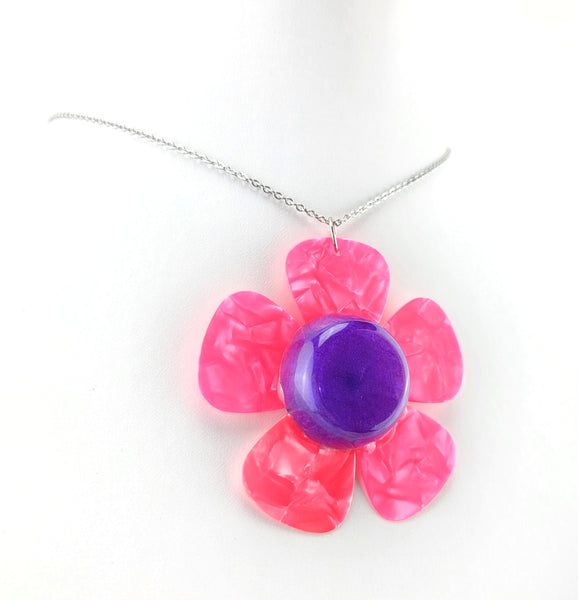 Daisy Guitar Pick Necklace - Five Hot Pink Guitar Picks with purple center to create a daisy flower necklace.