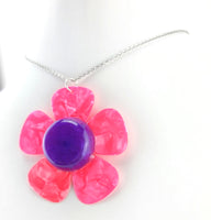 Daisy Guitar Pick Necklace - Five Hot Pink Guitar Picks with purple center to create a daisy flower necklace.