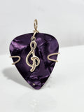 Purple Guitar Pick Pendant with a silver Treble Clef charm - Your choice of necklace or keychain