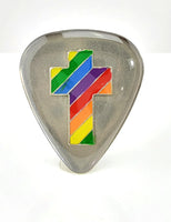 Stainless Steel Guitar Pick Hat Pin with rainbow cross on it,