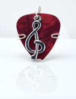 Red Guitar Pick Pendant with silver treble clef charm - Your choice of necklace or keychain