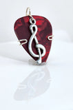 Red Guitar Pick Pendant with silver treble clef charm - Your choice of necklace or keychain