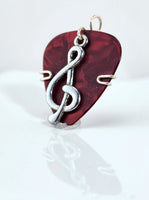 Red Guitar Pick Pendant with silver treble clef charm - Your choice of necklace or keychain