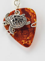 Faux Tortoise Shell Guitar Pick Earrings with silver sea turtle charm